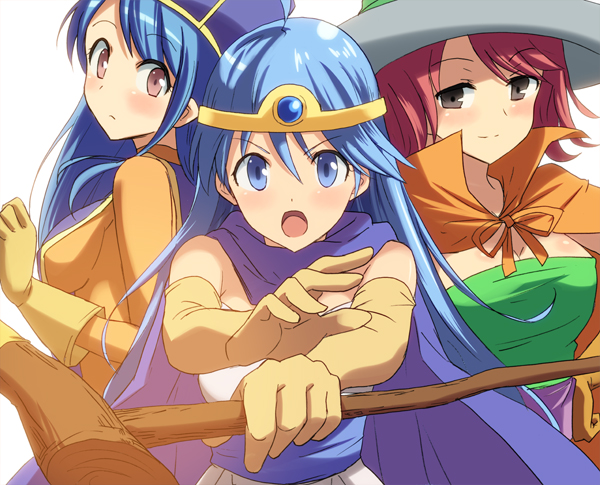 3girls blue_eyes blue_hair blush brown_eyes cape circlet dragon_quest dragon_quest_iii elbow_gloves gloves hat hyakuen_raitaa light_smile long_hair looking_at_viewer mage_(dq3) multiple_girls priest_(dq3) redhead sage_(dq3) staff white_background witch_hat
