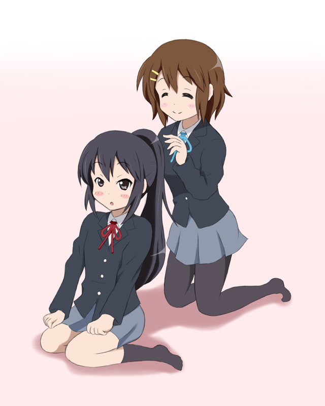 akiyama_mio black_eyes black_hair brown_hair closed_eyes hirasawa_yui k-on! kneeling long_hair pantyhose ponytail qwer school_uniform short_hair