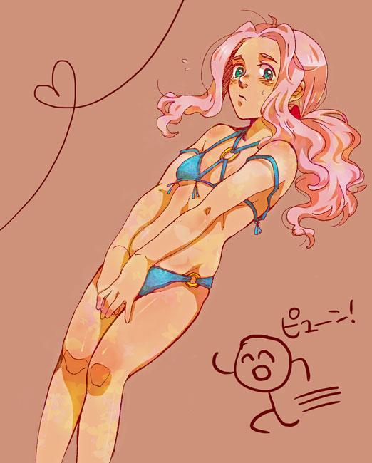 &#9492;(^o^)&#9488;&#8801; ?(^o^)?&equiv; blush breasts covering covering_crotch darry_adai heart heart_of_string hikiya long_hair pink_hair ponytail solo sweatdrop swimsuit tan tengen_toppa_gurren_lagann