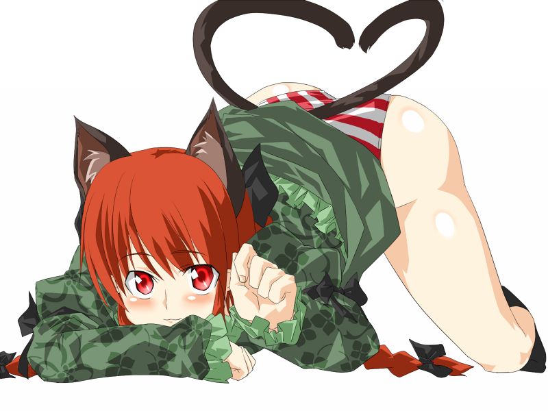 animal_ears braid cat_ears cat_tail hair_ribbon hands heart heart_tail kaenbyou_rin multiple_tails panties red_eyes red_hair ribbon short_hair solo striped striped_panties tail tomuman touhou twin_braids twintails underwear