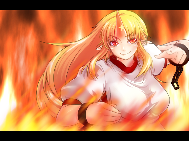 blonde_hair chain cuffs fire horn horns hoshiguma_yuugi long_hair mori_shin_risuku pointy_ears red_eyes solo touhou