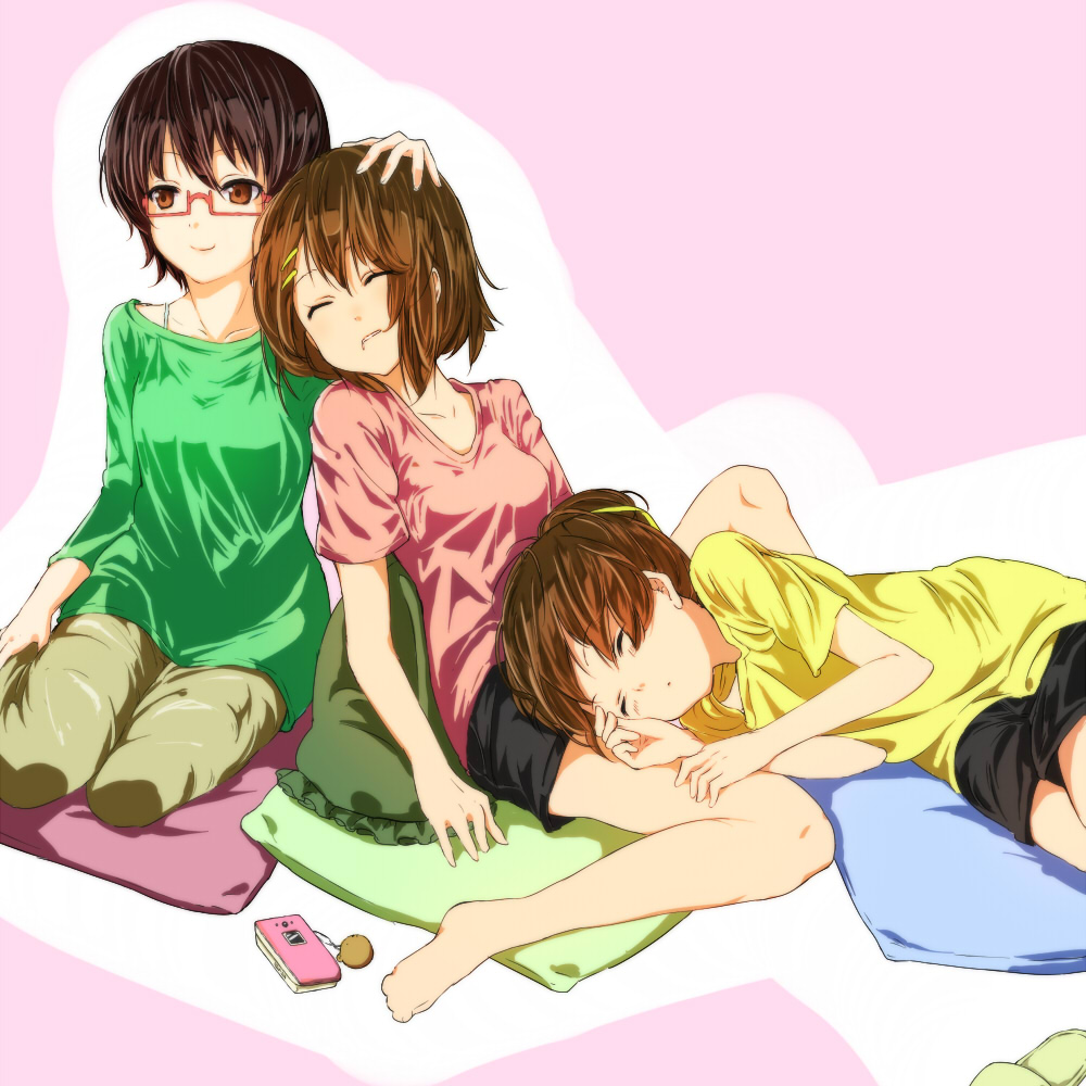 bare_legs barefoot brown_eyes brown_hair casual closed_eyes drooling glasses hair_in_mouth hirasawa_ui hirasawa_yui k-on! lap_pillow leaning_in leaning_on_person lying manabe_nodoka multiple_girls nishiuri_warito red-framed_glasses semi-rimless_glasses short_hair shorts sleeping suika_wari t-shirt under-rim_glasses yuri