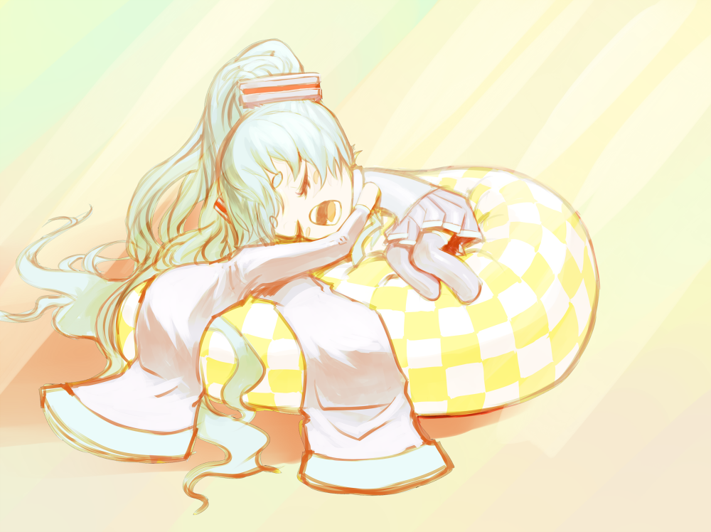 aqua_hair bad_id blush_stickers chibi closed_eyes detached_sleeves eyebrows hatsune_miku kansou_samehada kansousamehada long_hair lying necktie on_side oversized_clothes skirt sleeping solo twintails very_long_hair vocaloid
