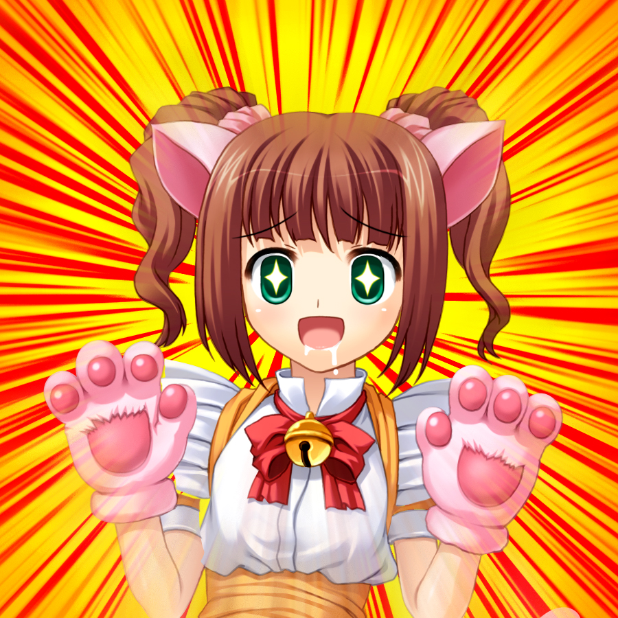 animal_ears bad_id brown_hair cat_ears cat_paws fujimiya_yuu green_eyes idolmaster open_mouth paws saliva scrunchie short_hair solo takatsuki_yayoi twintails waitress