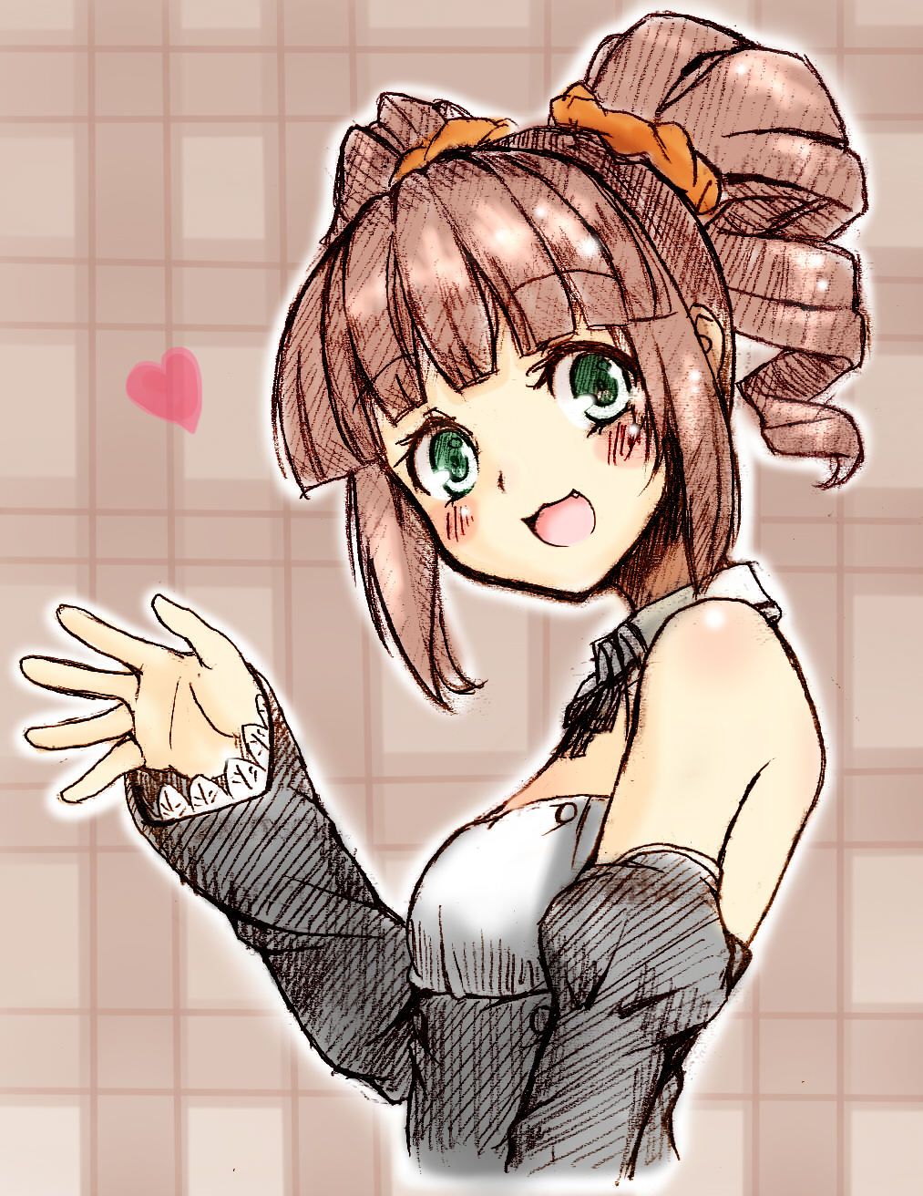 amane_(dream_c_club) amane_(dream_c_club)_(cosplay) aouma aouma_(pixiv) bare_shoulders blush brown_hair cosplay dream_c_club drill_hair face fang green_eyes hands heart highres idolmaster sketch solo takatsuki_yayoi twintails waving