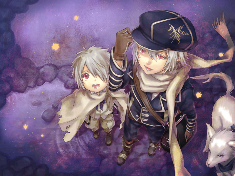 bag bandana cabbie_hat dr. foreshortening from_above gauche_suede gloves hair_over_one_eye happy hat lag_seeing letter_bee male puddle purple_eyes red_eyes roda_(tegami_bachi) scarf star tegami_bachi uniform white_hair