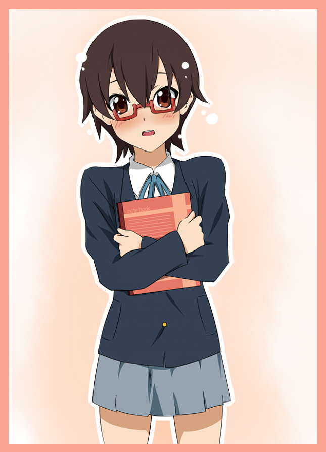 brown_eyes brown_hair face glasses ikari_manatsu k-on! manabe_nodoka notebook red-framed_glasses school_uniform semi-rimless_glasses short_hair solo under-rim_glasses