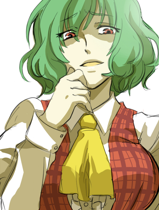 breasts bust hand_to_chin hands kazami_yuuka plaid_vest red_eyes ririvery shaded_face short_hair smile solo touhou