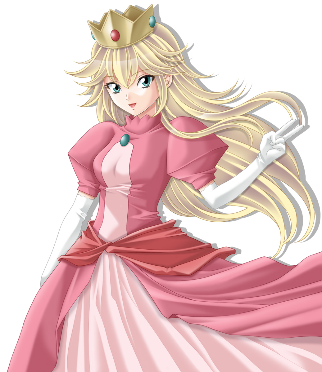 1girl crown dress elbow_gloves gloves green_eyes highres jewelry long_hair nintendo open_mouth princess_peach smile solo super_mario_bros. tamamon