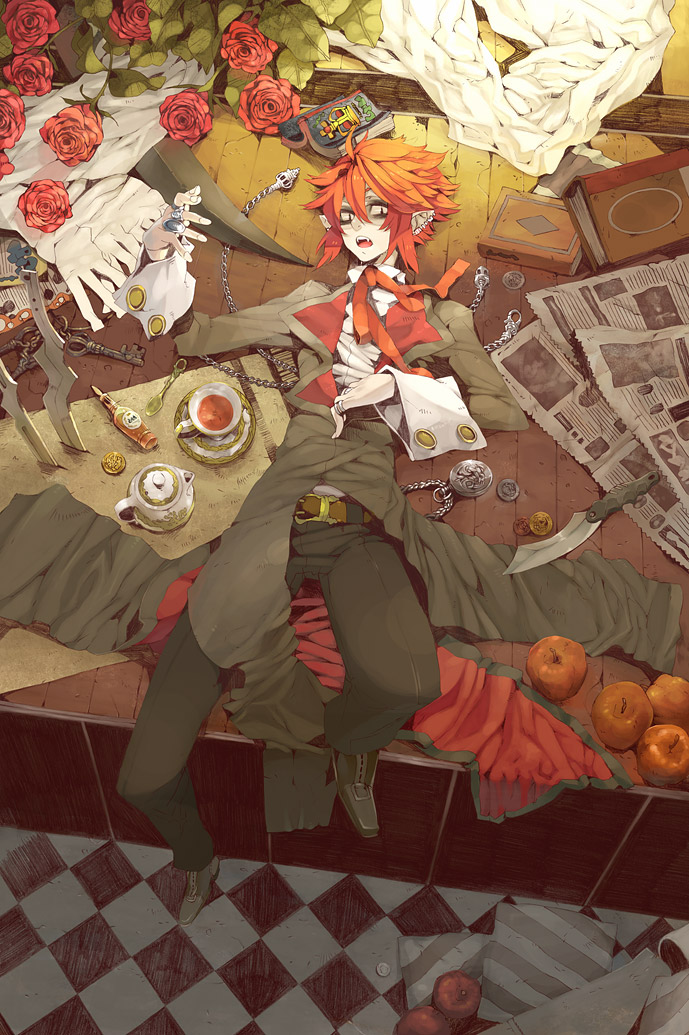 apple belt book coin cup earrings flower food formal fruit jewelry key knife kukicha lying male necktie newspaper original pocket_watch pointy_ears red_hair redhead ring rose short_hair solo tea teacup teapot trench_coat trenchcoat watch weapon