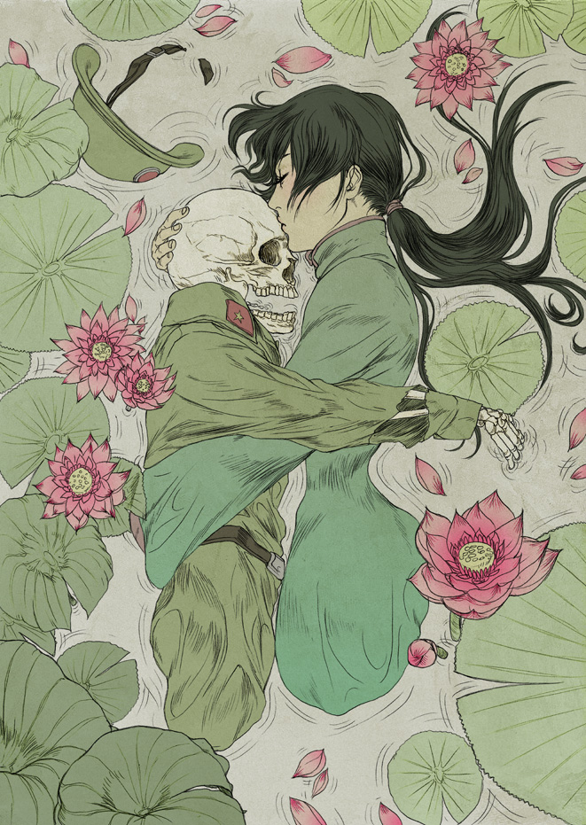 asiulus axis_powers_hetalia black_hair closed_eyes floating flower forehead_kiss helmet hug kiss lily_pad long_hair long_sleeves lotus military military_uniform petals ponytail skeleton skull submerged uniform vietnam_(hetalia) vietnamese_dress water