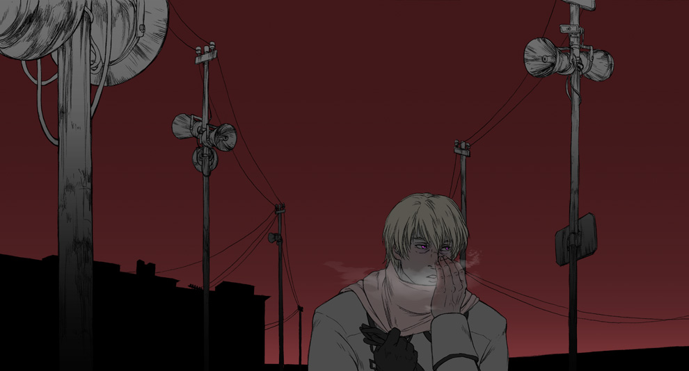 asiulus axis_powers_hetalia blonde_hair breath cityscape cold gloves hands male megaphone monochrome purple_eyes red_background russia_(hetalia) scarf solo spot_color telephone_pole violet_eyes
