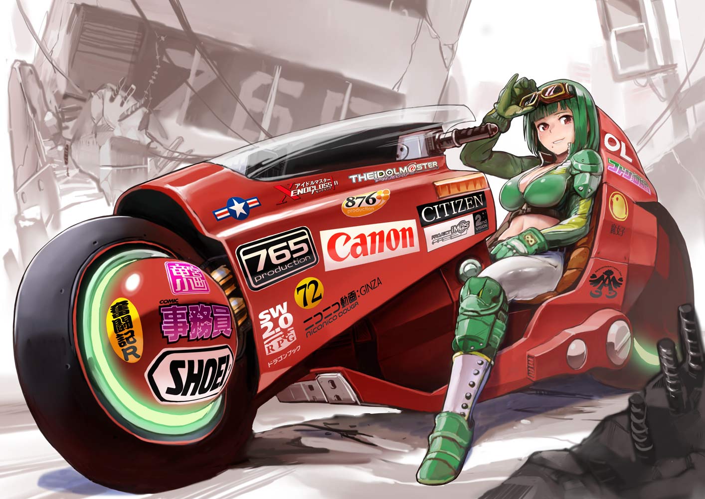 1girl akira bikini_top bob_cut brown_eyes canon_(company) citizen gloves goggles goggles_on_head green_hair idolmaster idolmaster_xenoglossia knee_pads kousaku logo long_sleeves looking_at_viewer mole motor_vehicle motorcycle navel niconico otonashi_kotori pants ryuuguu_komachi shoei short_hair sitting smile solo us_air_force vehicle