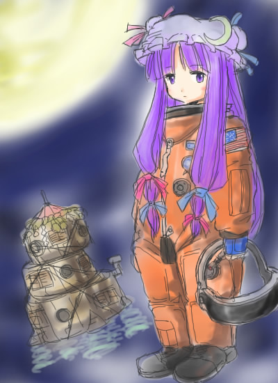 1girl alternate_costume expressionless full_body full_moon gagawa_ichi looking_at_viewer mob_cap moon night patchouli_knowledge purple_hair silent_sinner_in_blue solo spacesuit standing touhou