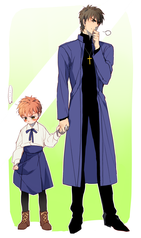 2boys brown_hair child cosplay emiya_shirou fate/zero fate_(series) holding_hands kotomine_kirei multiple_boys pantyhose pinki_(shounenkakuseiya) redhead saber saber_(cosplay) younger