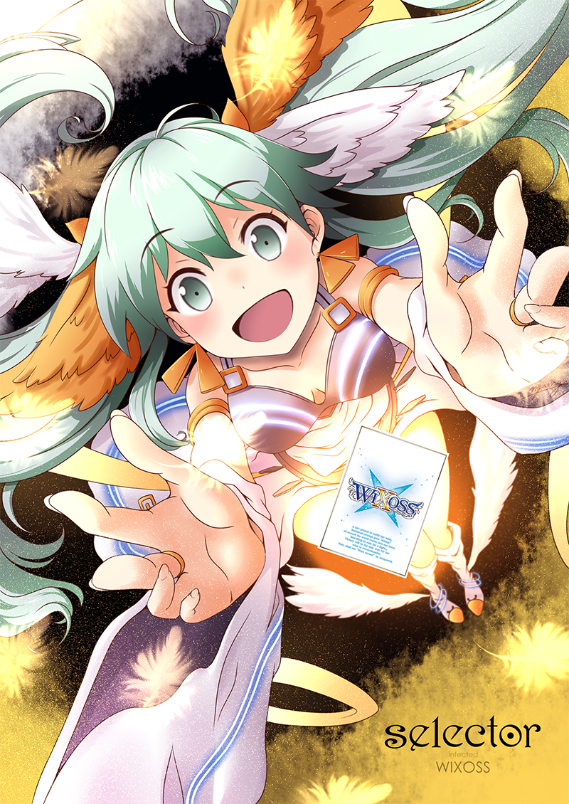 1girl :d bare_shoulders blush card copyright_name detached_sleeves earrings foreshortening green_eyes green_hair hair_ribbon jewelry niyang53 open_mouth outstretched_arms ribbon ring selector_infected_wixoss sleeveless smile solo tama_(selector_infected_wixoss) twintails wide_sleeves winged_shoes wings