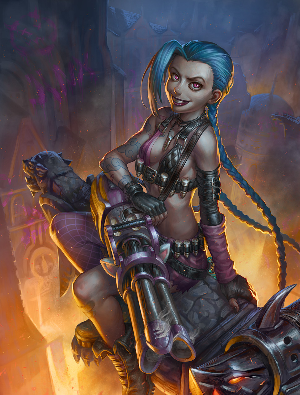 1girl blue_hair braid grin gun highres jinx_(league_of_legends) league_of_legends long_hair looking_at_viewer pink_eyes sitting small_breasts smile solo speh twin_braids very_long_hair weapon