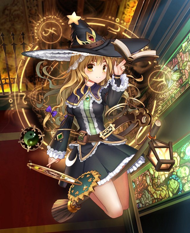 1girl alternate_costume belt book brooch broom broom_riding capelet crescent hat hat_ornament jewelry juliet_sleeves kirisame_marisa lamase_(41) lantern long_hair long_sleeves looking_at_viewer magic_circle open_book puffy_sleeves shirt skirt skirt_set solo stained_glass star touhou witch witch_hat yellow_eyes yin_yang
