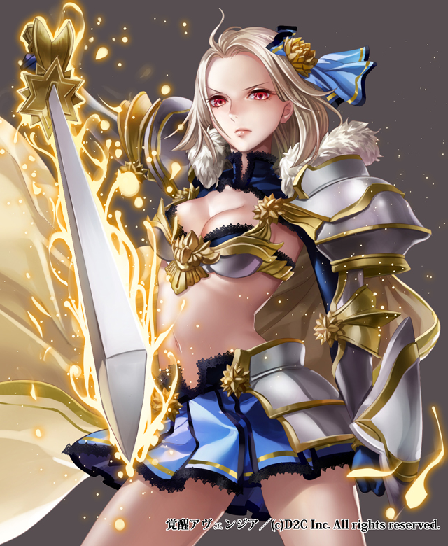 1girl armor bikini_armor blonde_hair breasts cleavage kakusei_avenger long_hair midriff ojyou red_eyes skirt solo sword weapon