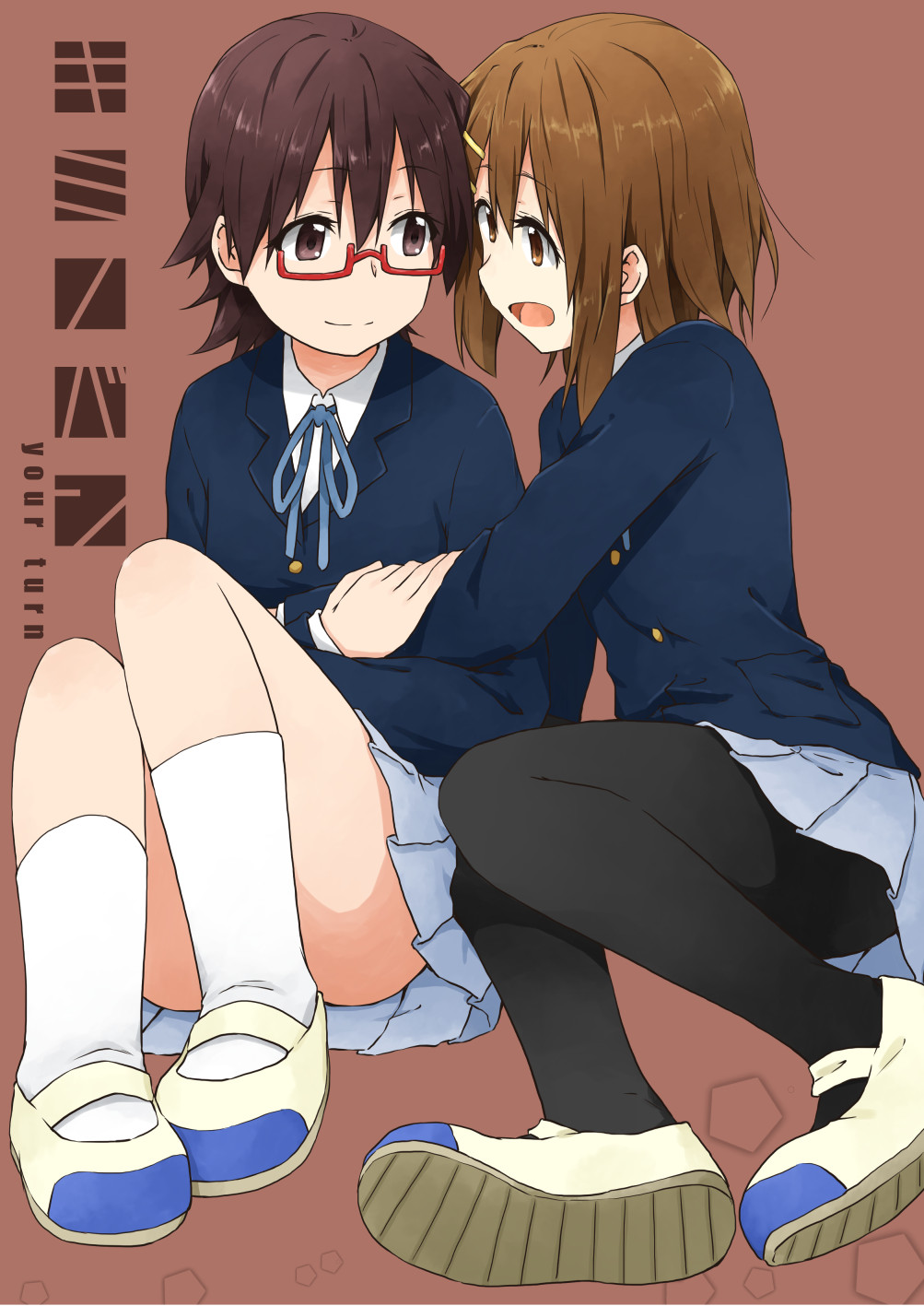 2girls brown_eyes brown_hair glasses highres hirasawa_yui k-on! kagiana manabe_nodoka multiple_girls pantyhose school_uniform shoes short_hair uwabaki