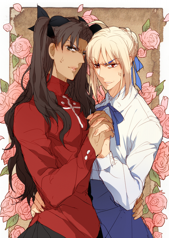 2boys ahoge archer cosplay crossdressinging dark_skin fate/stay_night fate_(series) flower lancer multiple_boys pinki_(shounenkakuseiya) rose saber saber_(cosplay) toosaka_rin toosaka_rin_(cosplay) two_side_up wig