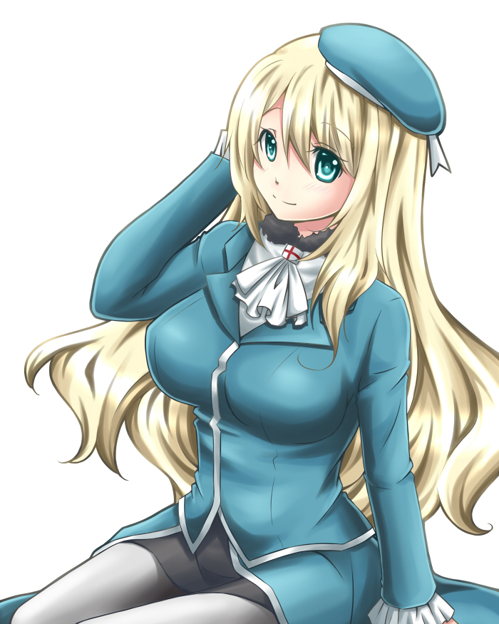 1girl atago_(kantai_collection) beret black_gloves blonde_hair blush breasts gloves green_eyes hat kantai_collection long_hair looking_at_viewer military military_jacket military_uniform pantyhose personification sitting skirt smile solo uniform