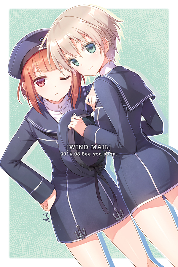 2girls an2a blonde_hair blue_dress blush brown_eyes brown_hair dress frown green_eyes hand_on_hip hat hat_removed headwear_removed holding holding_hat kantai_collection long_sleeves looking_at_viewer multiple_girls one_eye_closed personification short_hair signature smile wink z1_leberecht_maass_(kantai_collection) z3_max_schultz_(kantai_collection)