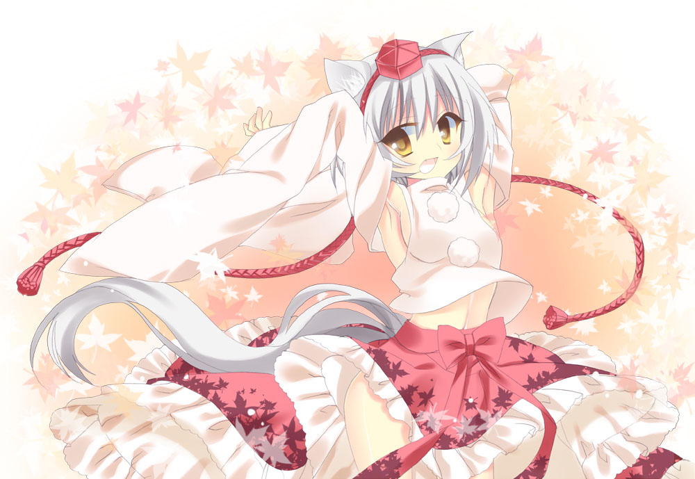 1girl amber_eyes animal_ears armpits autumn_leaves bare_shoulders blush breasts detached_sleeves fang hand_behind_head happy hat i_scream inubashiri_momiji leaf looking_at_viewer midriff navel no_bra open_mouth pom_pom_(clothes) shirt short_hair silver_hair skirt solo tail tokin_hat touhou white_shirt wolf_ears wolf_tail