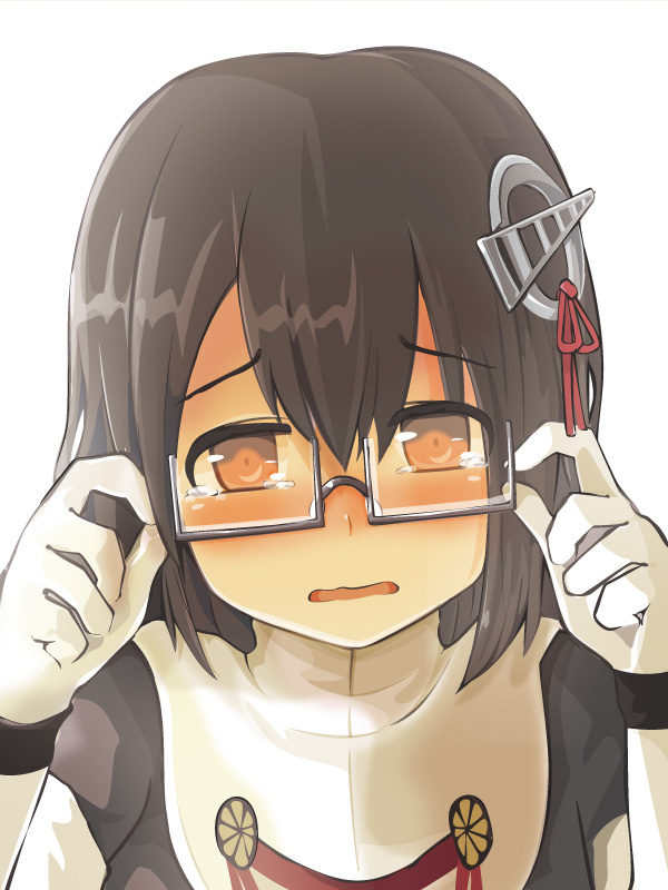 1girl bespectacled black_hair blush brown_eyes chameleon_man_(three) elbow_gloves glasses gloves haguro_(kantai_collection) hair_ornament kantai_collection looking_at_viewer open_mouth personification short_hair solo tears white_background white_gloves