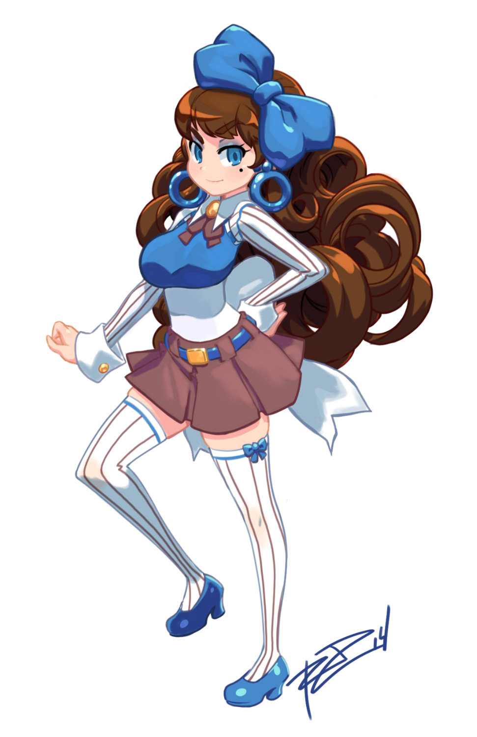 1girl bliss_barson blue_eyes bow breasts brown_hair cryamore curly_hair earrings eyeshadow full_body hair_bow hand_on_hip harada_takehito_(style) highres hoop_earrings jewelry long_hair makeup mole parody robert_porter skirt smile solo striped striped_legwear style_parody thigh-highs vertical-striped_legwear vertical_stripes white_legwear zettai_ryouiki