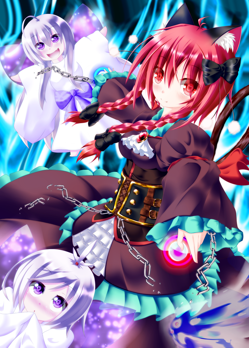 3girls adapted_costume animal_ears bangs black_bow blush bow braid breasts cat_ears cat_tail chain corset dress fairy_wings fang fiery_background fire hair_bow heart heart-shaped_pupils kaenbyou_rin layered_dress long_hair long_sleeves looking_at_viewer looking_up multiple_girls multiple_tails open_mouth outstretched_arms puffy_long_sleeves puffy_sleeves purple_hair red_eyes redhead short_hair smile symbol-shaped_pupils tail tkfm touhou twin_braids violet_eyes wide_sleeves wings zombie_fairy