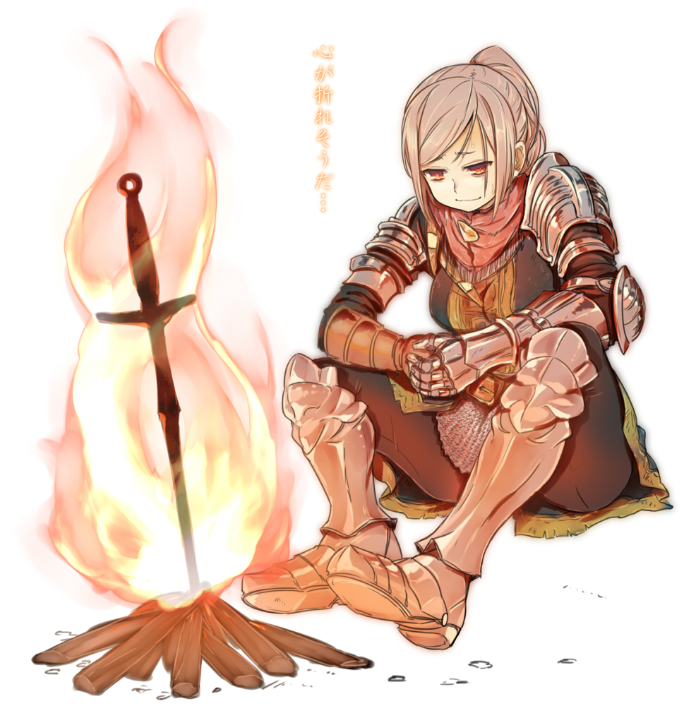 1girl armor blonde_hair bonfire chainmail dark_souls fire full_armor gauntlets greaves long_hair minatsuki_randoseru ponytail simple_background sitting solo souls_(from_software) sword translated weapon white_background