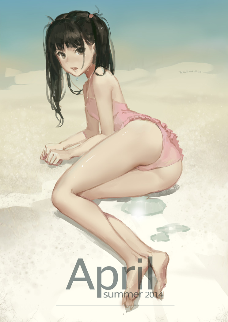 1girl ass bare_legs bare_shoulders barefoot beach black_eyes black_hair blush hjl long_hair looking_at_viewer lying ocean on_side one-piece_swimsuit open_mouth original pink_swimsuit solo swimsuit twintails water wet