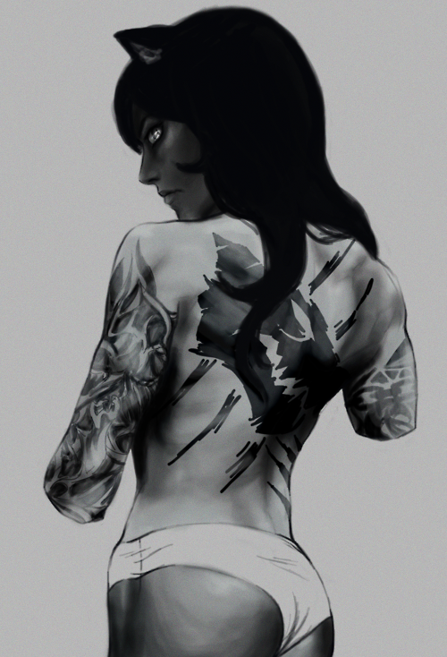 1girl back blake_belladonna from_behind full_body_tattoo long_hair looking_over_shoulder monochrome panties roman_imperial rwby solo tattoo topless underwear