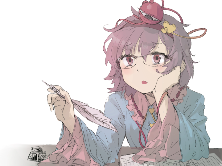 1girl bespectacled blush eyeball geppewi glasses hairband hand_on_own_face heart komeiji_satori long_sleeves open_mouth paper pen pink_eyes pink_hair quill short_hair simple_background solo string table third_eye touhou white_background wide_sleeves