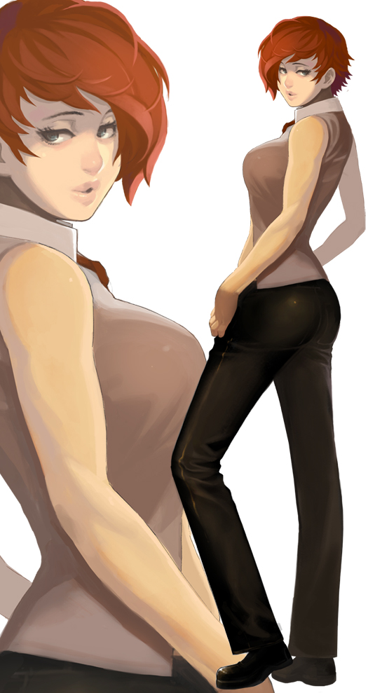 1girl ass blue_eyes boots breasts king_of_fighters large_breasts lips necktie nose pants profile redhead short_hair sleeveless solo standing steward_b vanessa vest zoom_layer