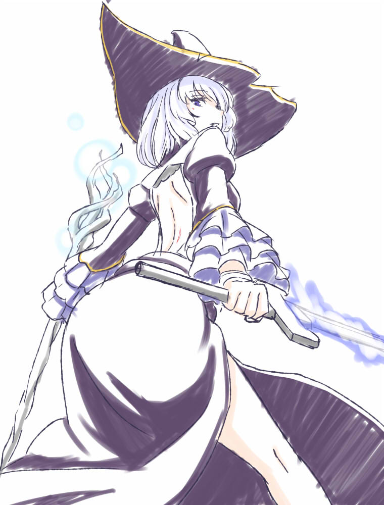 1girl back_cutout bare_back bare_legs dark_souls dark_souls_2 dress dual_wielding frills h-new hat long_sleeves looking_back perspective purple_dress purple_hair short_hair simple_background solo souls_(from_software) staff sword violet_eyes weapon white_background witch witch_hat