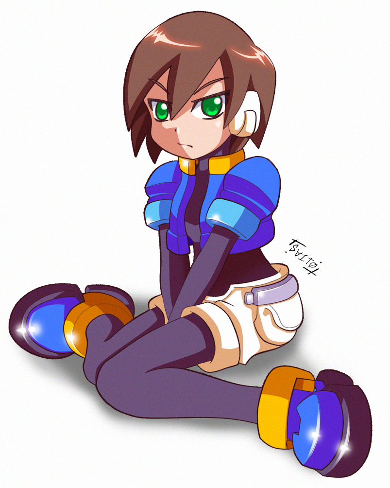 1girl aile bodysuit brown_hair cropped_jacket gloves green_eyes knees_together_feet_apart robot_ears rockman rockman_zx short_hair shorts shoutaro_saito signature solo spandex