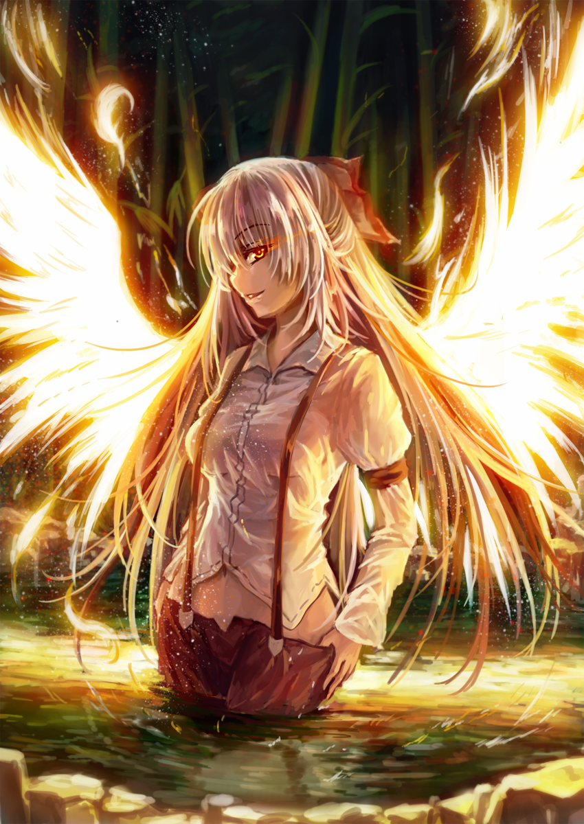 1girl bamboo bow fire freeze-ex fujiwara_no_mokou glowing glowing_eyes hair_bow highres in_water long_hair looking_at_viewer pants shirt smile solo suspenders touhou undressing wet white_hair wings