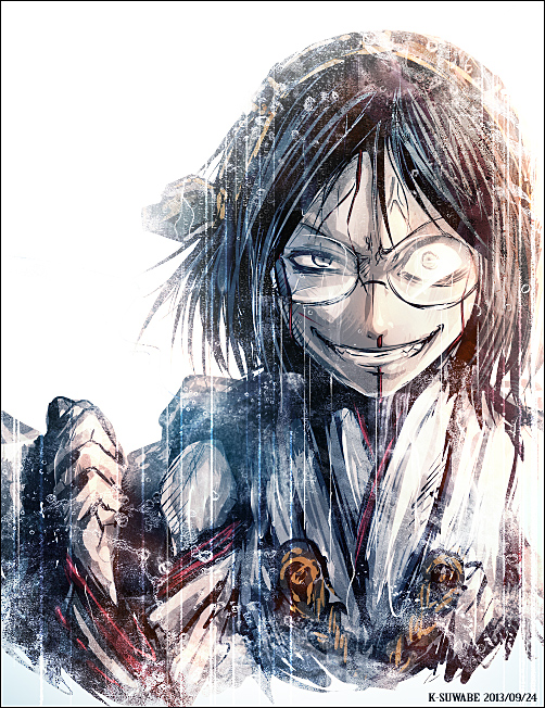 anger_vein black_hair blood blue_eyes clenched_hand clenched_teeth constricted_pupils crazy_eyes crazy_smile glasses grin headgear kantai_collection kei-suwabe kirishima_(kantai_collection) looking_at_viewer nontraditional_miko nosebleed personification rain short_hair smile solo
