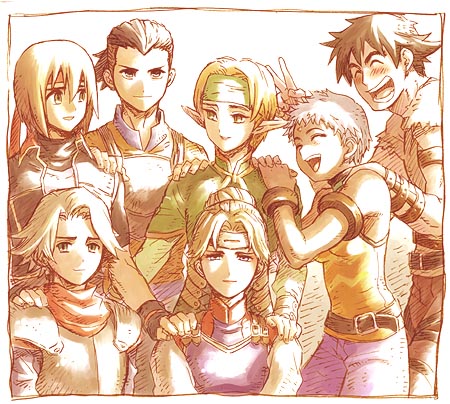 3girls 4boys :d armlet armor blonde_hair blue_eyes bracelet breastplate brown_eyes brown_hair capelet closed_eyes elf facial_mark forehead_mark forehead_protector gensou_suikoden gensou_suikoden_iv green_eyes hand_on_another's_shoulder headband jewel_(suikoden) jewelry katarina keneth kinfo lazlo lowres multiple_boys multiple_girls open_mouth paula_(suikoden) pointy_ears short_hair silver_hair smile snowe_vingerhut spaulders v v_(bunny_ears)