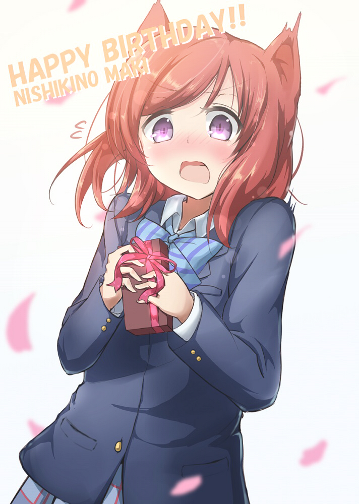 1girl animal_ears blue_clothes blue_eyes blue_ribbon blush box buttons character_name embarrassed flying_sweatdrops gift gift_box happy_birthday holding_gift kemonomimi_mode long_sleeves love_live!_school_idol_project neck_ribbon nishikino_maki open_mouth petals redhead reityana ribbon school_uniform short_hair simple_background solo standing striped striped_ribbon violet_eyes wavy_mouth white_background