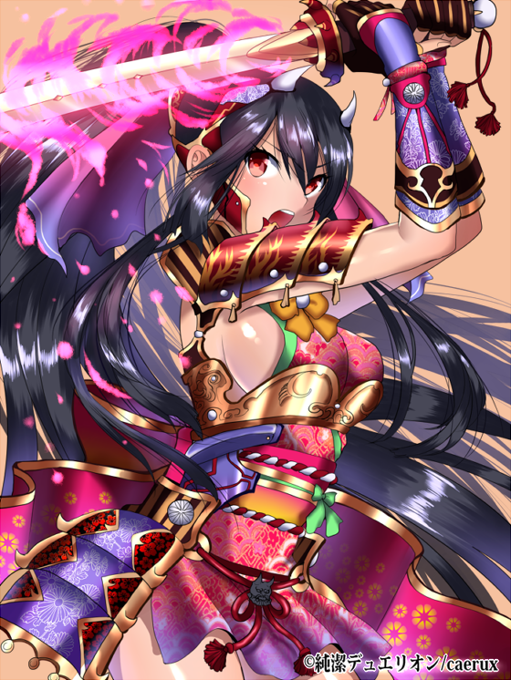 1girl armor black_hair breasts character_request fighting_stance flaming_sword gauntlets holding_weapon horns junketsu_duelion long_hair matarou_(genkai_toppa) open_mouth ponytail red_eyes samurai samurai_armor sideboob solo sword weapon