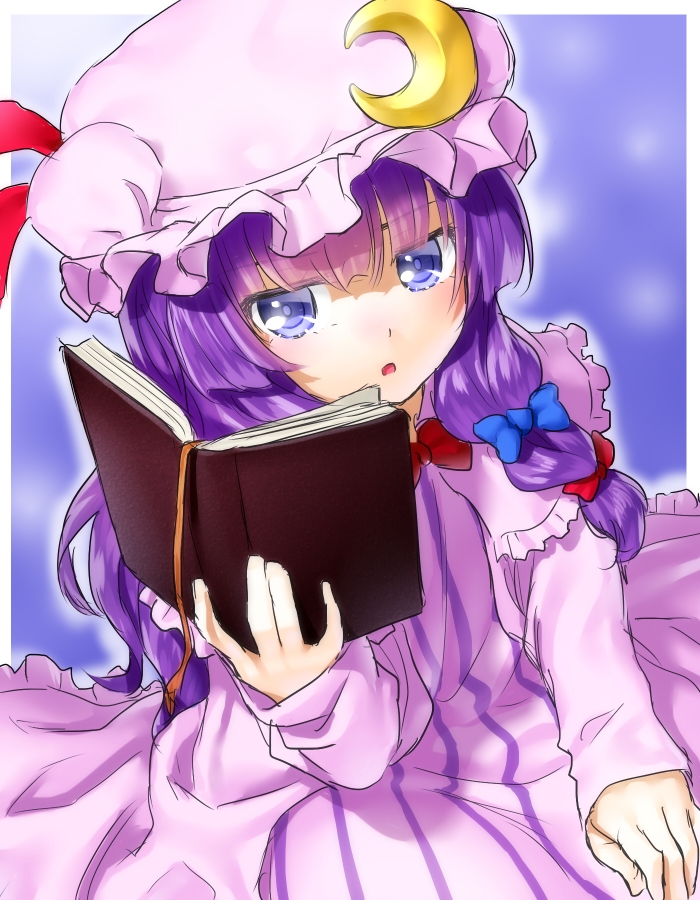 1girl alternate_eye_color blue_eyes blush book crescent hat long_hair onsoku_maru open_book open_mouth patchouli_knowledge purple_hair solo touhou