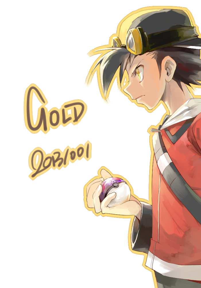 1boy baseball_cap black_hair dated ege_(597100016) gold_(pokemon) hat holding holding_poke_ball master_ball poke_ball pokemon pokemon_(game) solo yellow_eyes