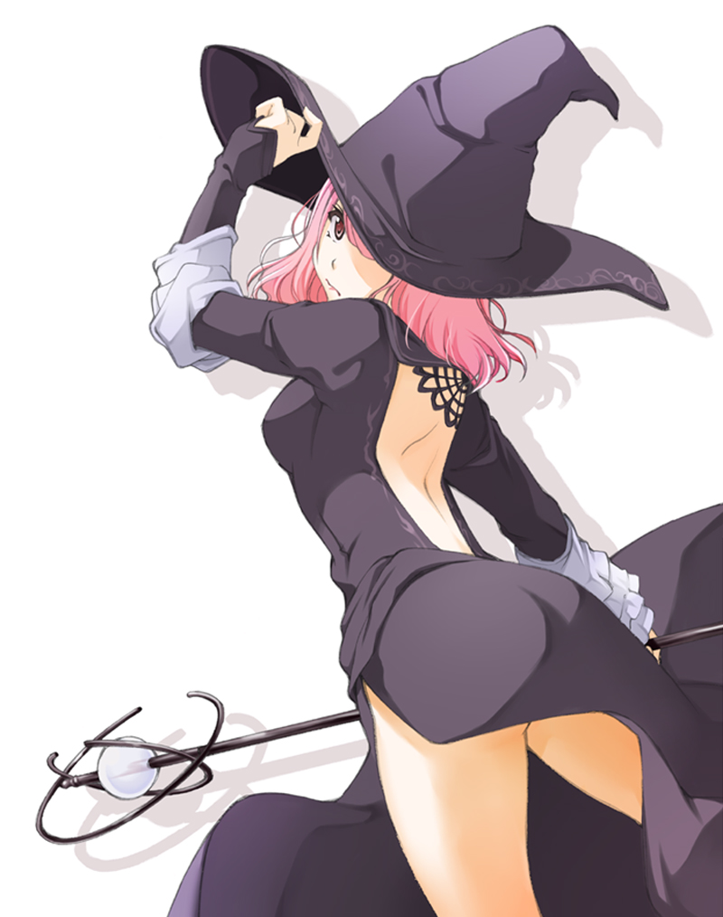1girl ass back_cutout bare_back bare_legs dark_souls dark_souls_2 dress frills hand_on_headwear hat lips long_sleeves looking_back pink_eyes pink_hair purple_dress shadow short_hair simple_background solo souls_(from_software) staff takahashi_tsubasa white_background witch witch_hat