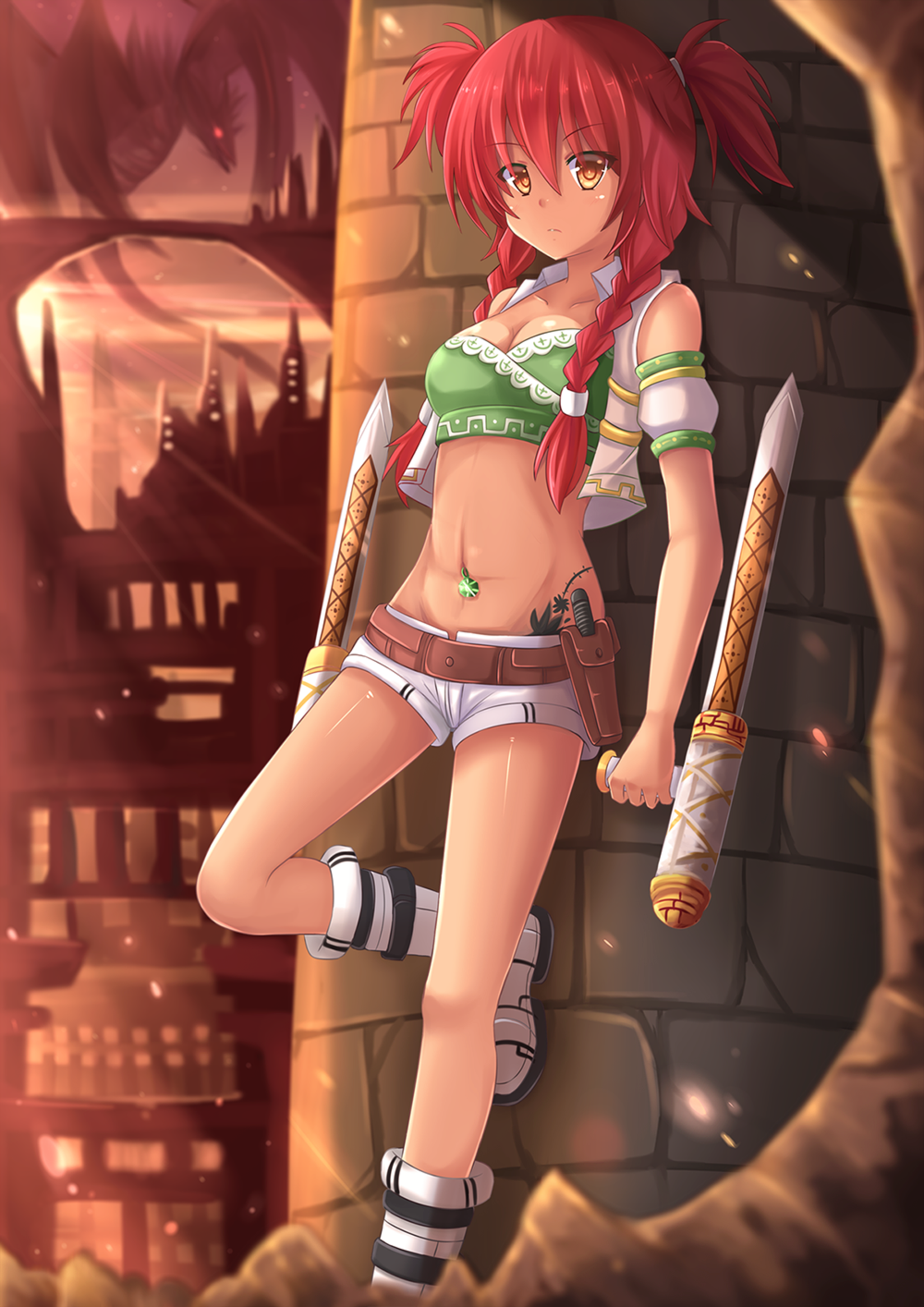 1girl architecture bangs belt blurry braid breasts brick_wall cleavage depth_of_field dragon dual_wielding fantasy full_body hair_between_eyes highres holding holster kazenokaze leg_up legs long_hair looking_at_viewer midriff mound_of_venus navel navel_piercing orange_eyes original petals piercing redhead shiny shiny_skin shoes short_shorts shorts solo standing_on_one_leg stitches sun sunlight tagme tattoo tonfa twin_braids twintails vest weapon