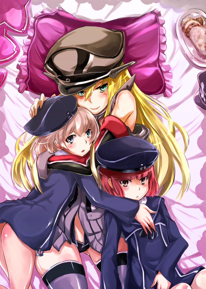 3girls bismarck_(kantai_collection) blush breasts brown_hair gloves green_eyes grey_legwear hat kantai_collection long_hair looking_at_viewer lying military military_hat military_uniform multiple_girls open_mouth panties peaked_cap personification pillow red_eyes redhead shiny shiny_skin thighhighs toyo_(toyozine2009) underwear uniform z1_leberecht_maass_(kantai_collection) z3_max_schultz_(kantai_collection)