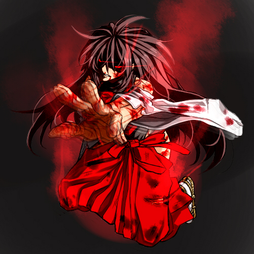 1girl black_hair blood bloody_clothes detached_sleeves glowing glowing_eyes hakama japanese_clothes long_hair lowres m.u.g.e.n nontraditional_miko original outstretched_hand red_eyes rion_(glayjirobass) sandals scar sendai_hakurei_no_miko shaded_eyes solo tabi touhou wide_sleeves