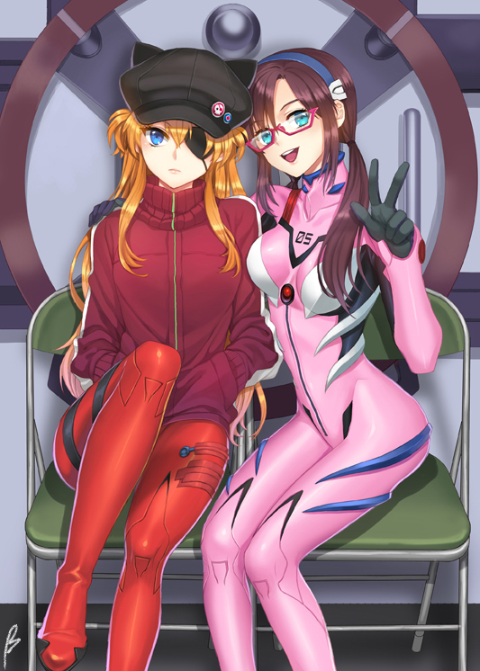 2girls animal_hat black_gloves blue_eyes bodysuit briska brown_hair cape cat_hat evangelion:_3.0_you_can_(not)_redo eyepatch glasses gloves hat long_hair looking_at_viewer makinami_mari_illustrious multiple_girls neon_genesis_evangelion orange_hair plugsuit rebuild_of_evangelion rimless_glasses shikinami_asuka_langley souryuu_asuka_langley